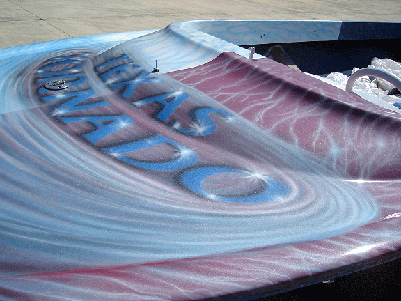 Jet boat airbrushed with Red Wine Candy, Electric Blue, Silver Platinum Phantom Pearls.