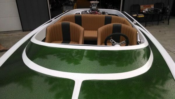 moss green metal flake and gold shimmer pearl on a jet boat