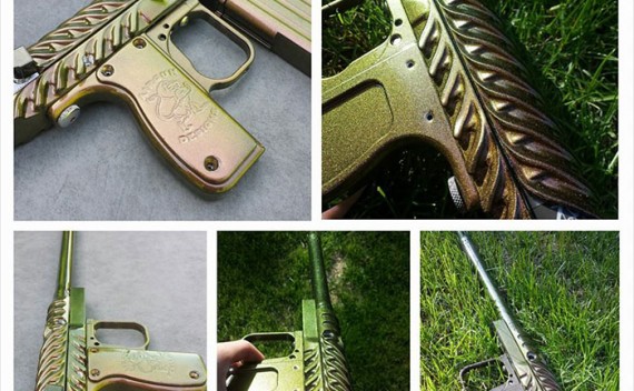 Paintball gun with 4739CS Gold Green Bronze Colorshift Pearls powder coated on the surface.