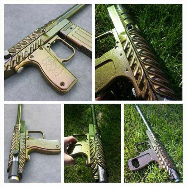 Paintball gun with 4739CS Gold Green Bronze Colorshift Pearls powder coated on the surface.