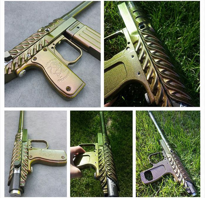 Paintball gun with 4739CS Gold Green Bronze Colorshift Pearls powder coated on the surface.